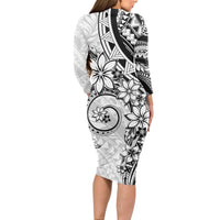 Polynesian Pattern With Plumeria Flowers Long Sleeve Bodycon Dress White LT05 - Polynesian Pride