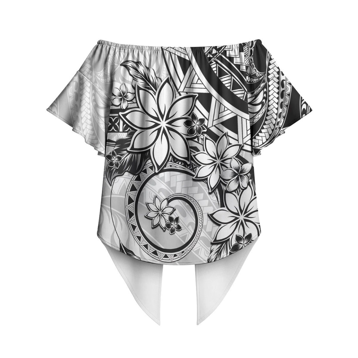 Polynesian Pattern With Plumeria Flowers Off Shoulder Wrap Waist Top White LT05 - Polynesian Pride