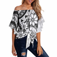 Polynesian Pattern With Plumeria Flowers Off Shoulder Wrap Waist Top White LT05 - Polynesian Pride
