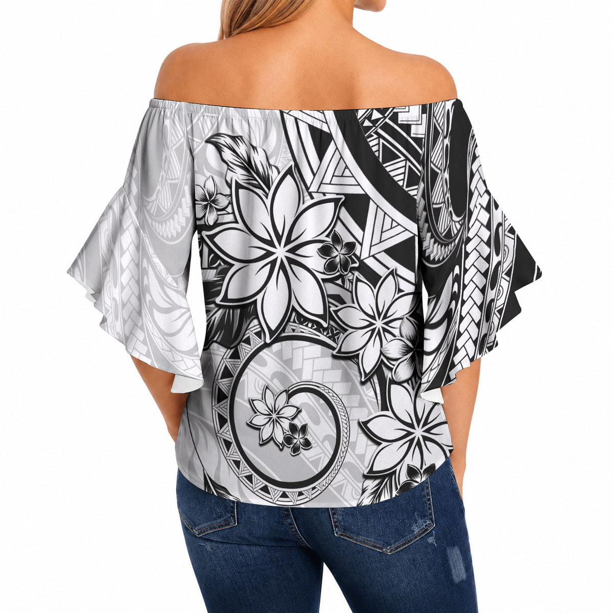 Polynesian Pattern With Plumeria Flowers Off Shoulder Wrap Waist Top White LT05 - Polynesian Pride
