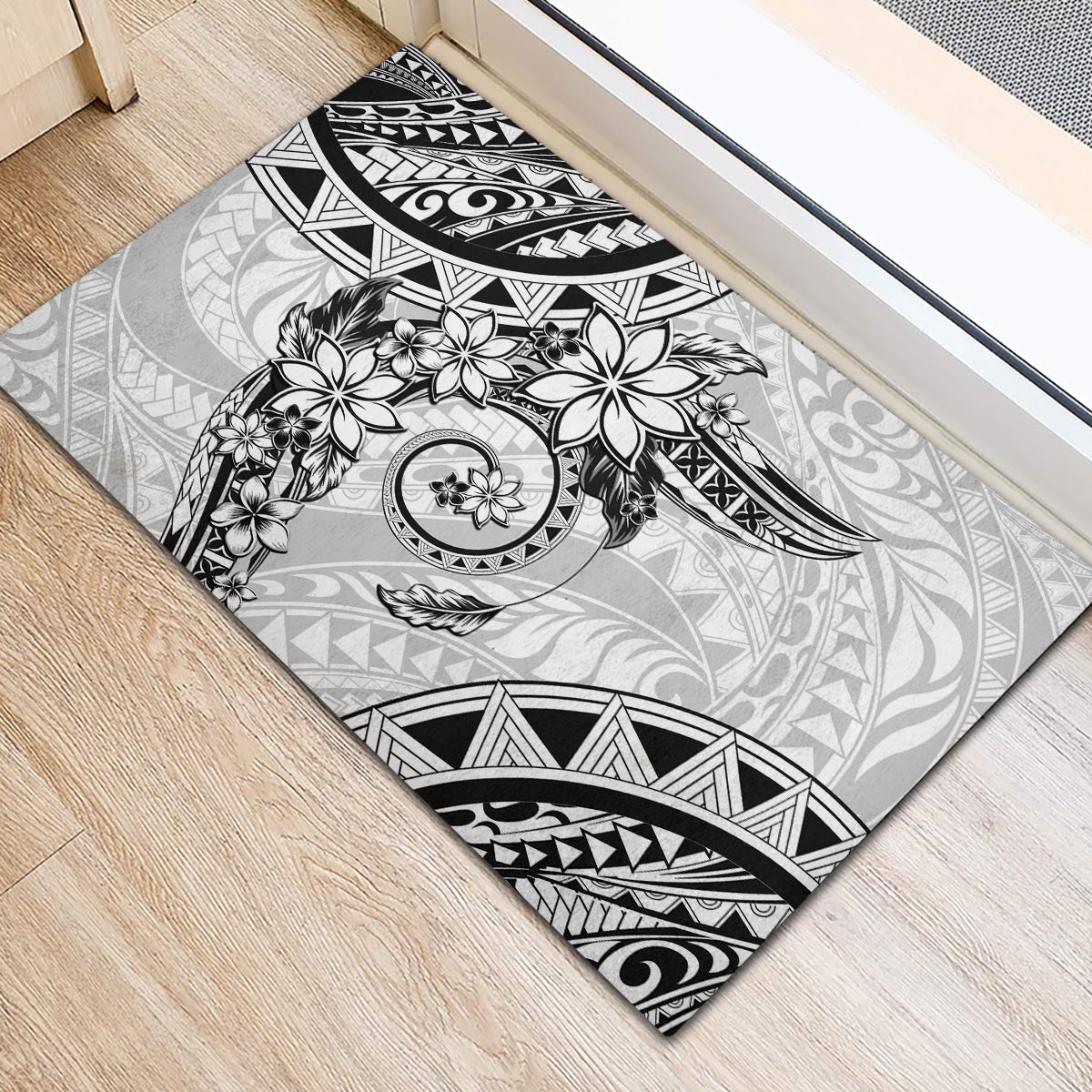 Polynesian Pattern With Plumeria Flowers Rubber Doormat White