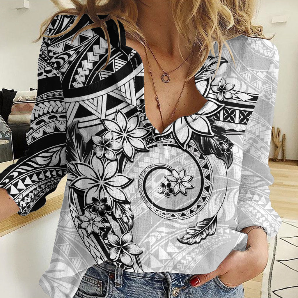 Polynesian Pattern With Plumeria Flowers Women Casual Shirt White LT05 Female White - Polynesian Pride