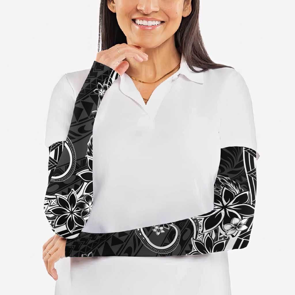 Polynesian Pattern With Plumeria Flowers Arm Sleeves Black - Polynesian Pride