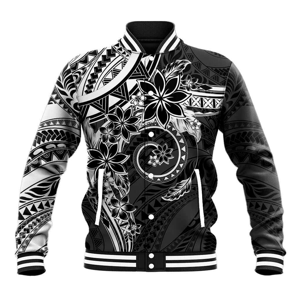 Polynesian Pattern With Plumeria Flowers Baseball Jacket Black