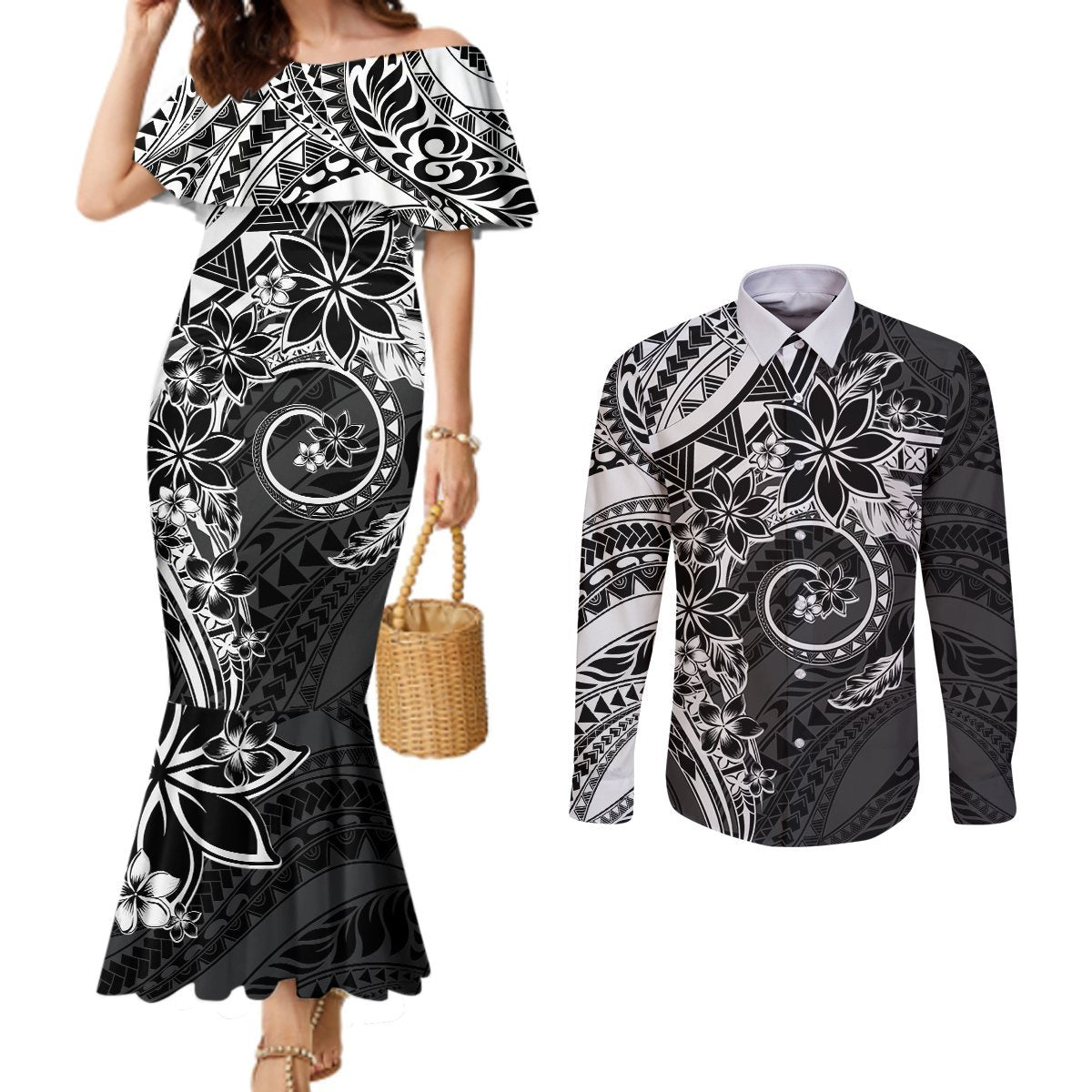 Polynesian Pattern With Plumeria Flowers Couples Matching Mermaid Dress and Long Sleeve Button Shirt Black LT05 Black - Polynesian Pride