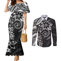 Polynesian Pattern With Plumeria Flowers Couples Matching Mermaid Dress and Long Sleeve Button Shirt Black LT05 Black - Polynesian Pride