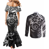 Polynesian Pattern With Plumeria Flowers Couples Matching Mermaid Dress and Long Sleeve Button Shirt Black LT05 - Polynesian Pride