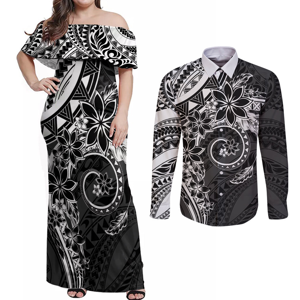 Polynesian Pattern With Plumeria Flowers Couples Matching Off Shoulder Maxi Dress and Long Sleeve Button Shirt Black