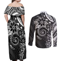 Polynesian Pattern With Plumeria Flowers Couples Matching Off Shoulder Maxi Dress and Long Sleeve Button Shirt Black