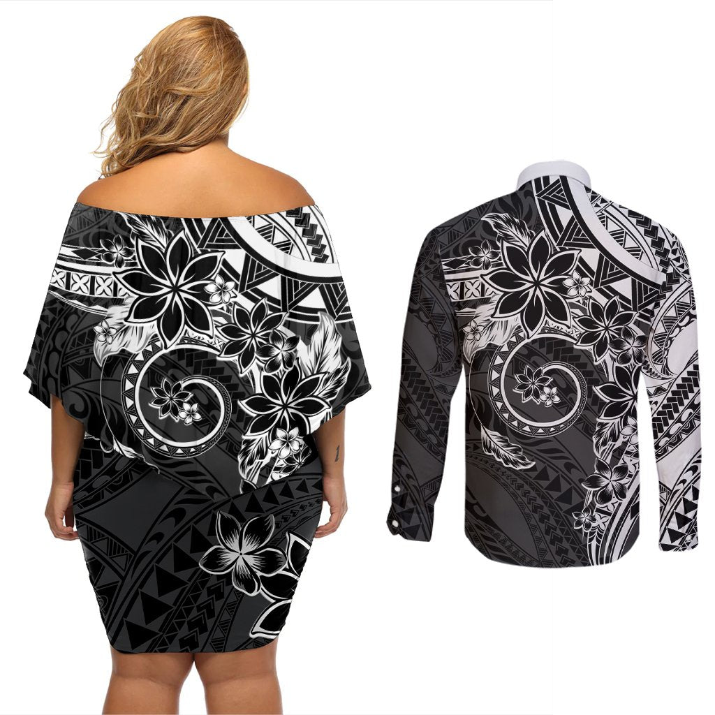 Polynesian Pattern With Plumeria Flowers Couples Matching Off Shoulder Short Dress and Long Sleeve Button Shirt Black