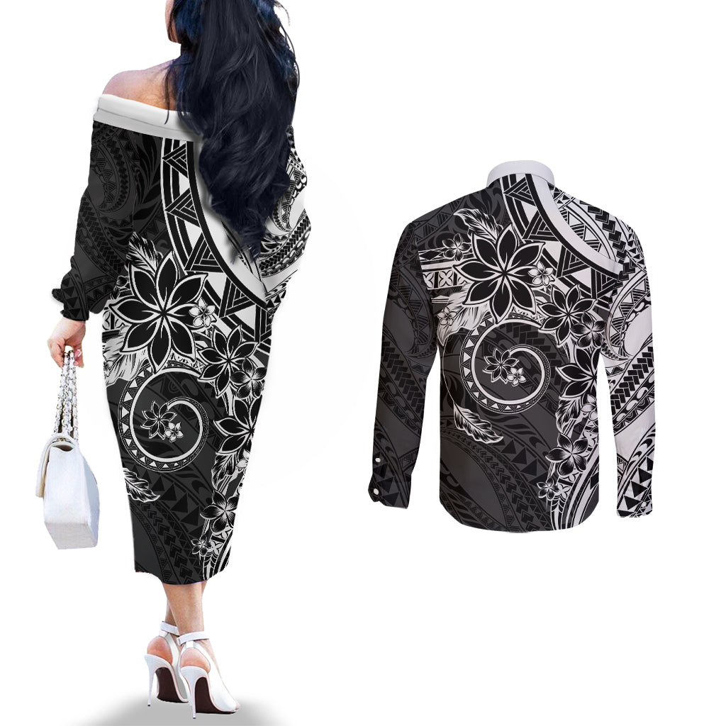 Polynesian Pattern With Plumeria Flowers Couples Matching Off The Shoulder Long Sleeve Dress and Long Sleeve Button Shirt Black