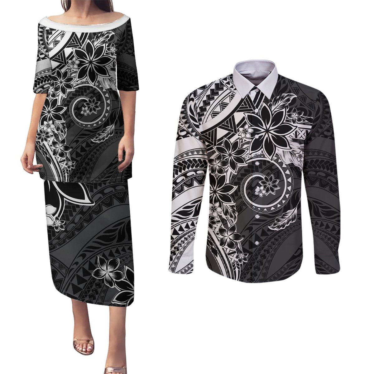 Polynesian Pattern With Plumeria Flowers Couples Matching Puletasi and Long Sleeve Button Shirt Black LT05 Black - Polynesian Pride