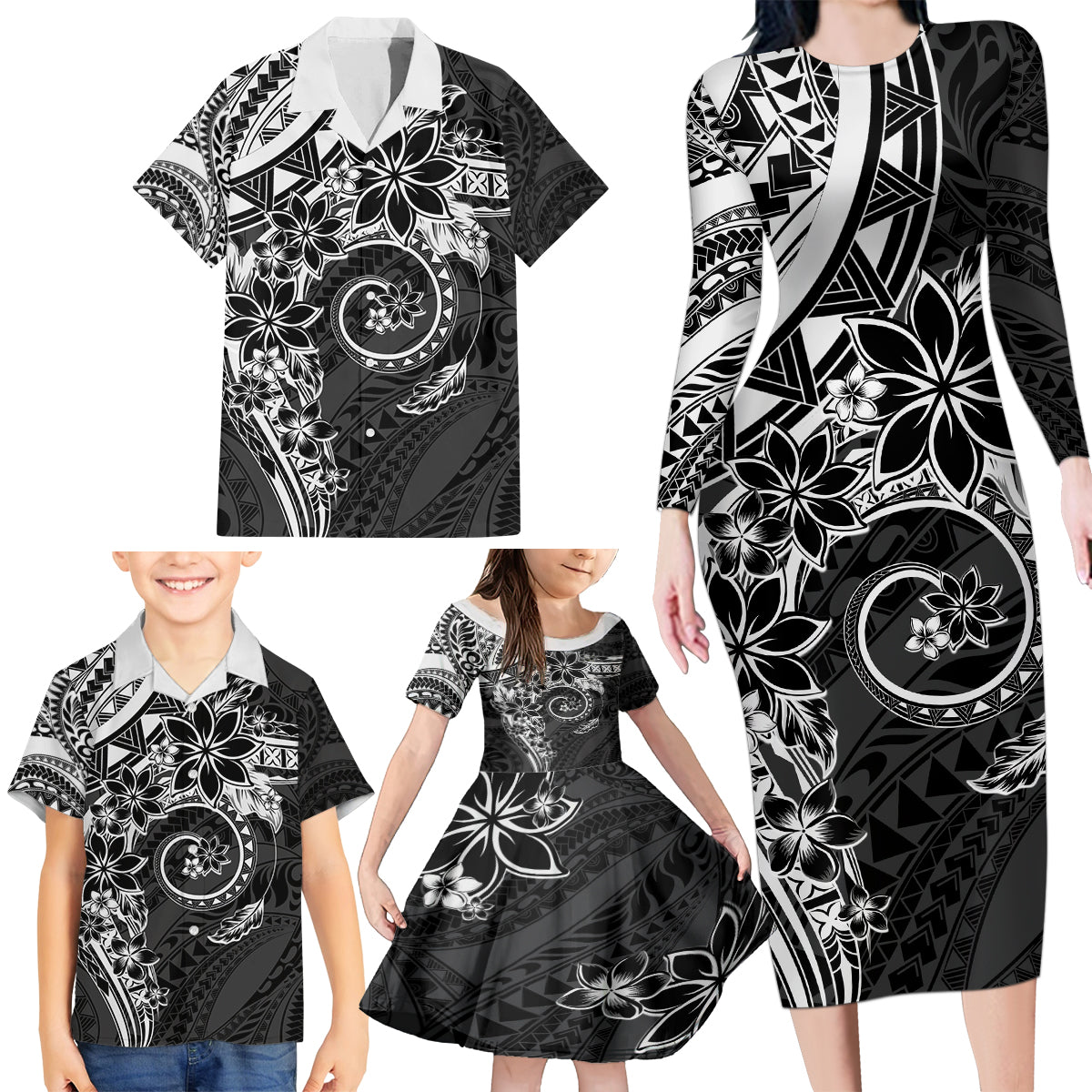 Polynesian Pattern With Plumeria Flowers Family Matching Long Sleeve Bodycon Dress and Hawaiian Shirt Black LT05 - Polynesian Pride