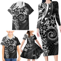 Polynesian Pattern With Plumeria Flowers Family Matching Long Sleeve Bodycon Dress and Hawaiian Shirt Black LT05 - Polynesian Pride