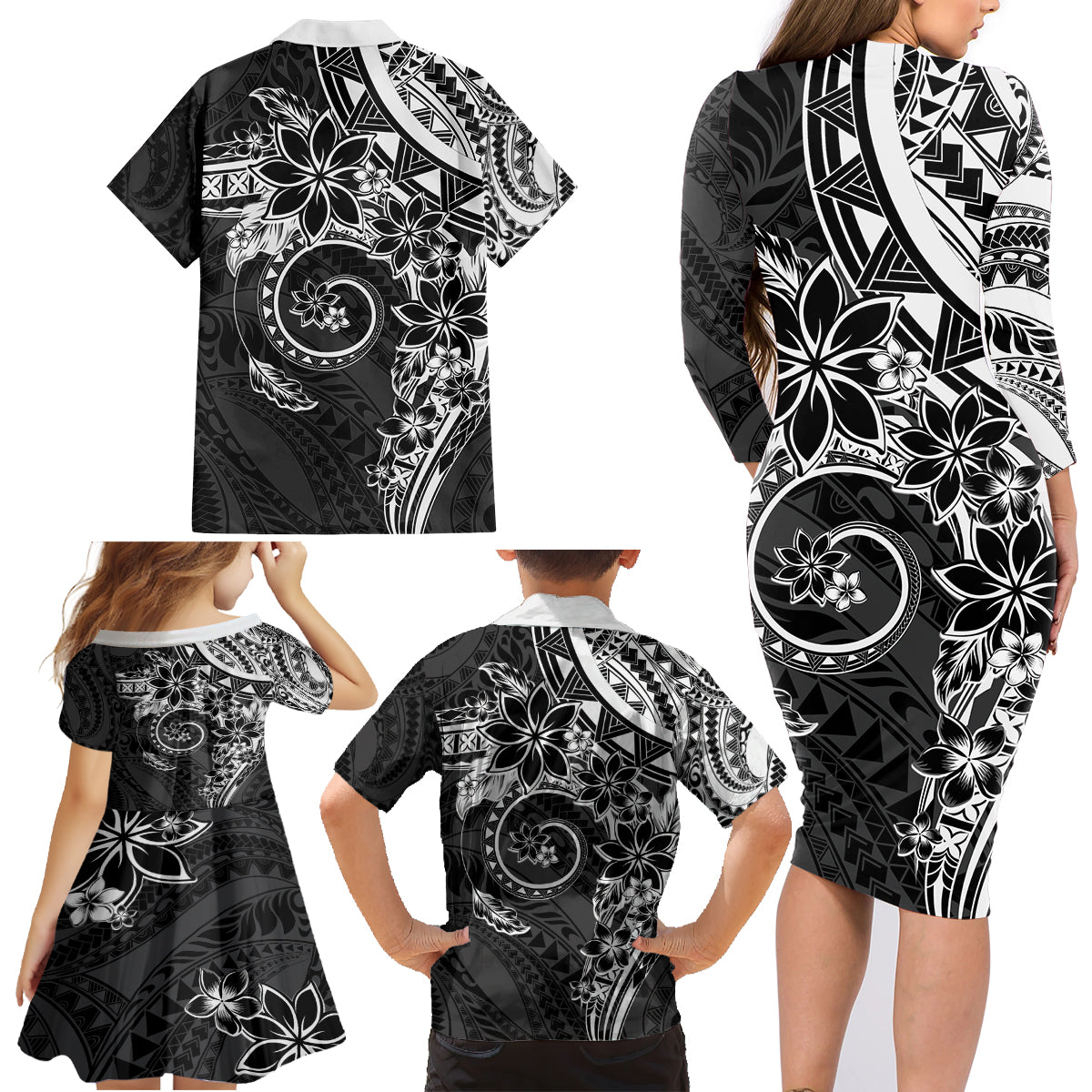 Polynesian Pattern With Plumeria Flowers Family Matching Long Sleeve Bodycon Dress and Hawaiian Shirt Black LT05 - Polynesian Pride