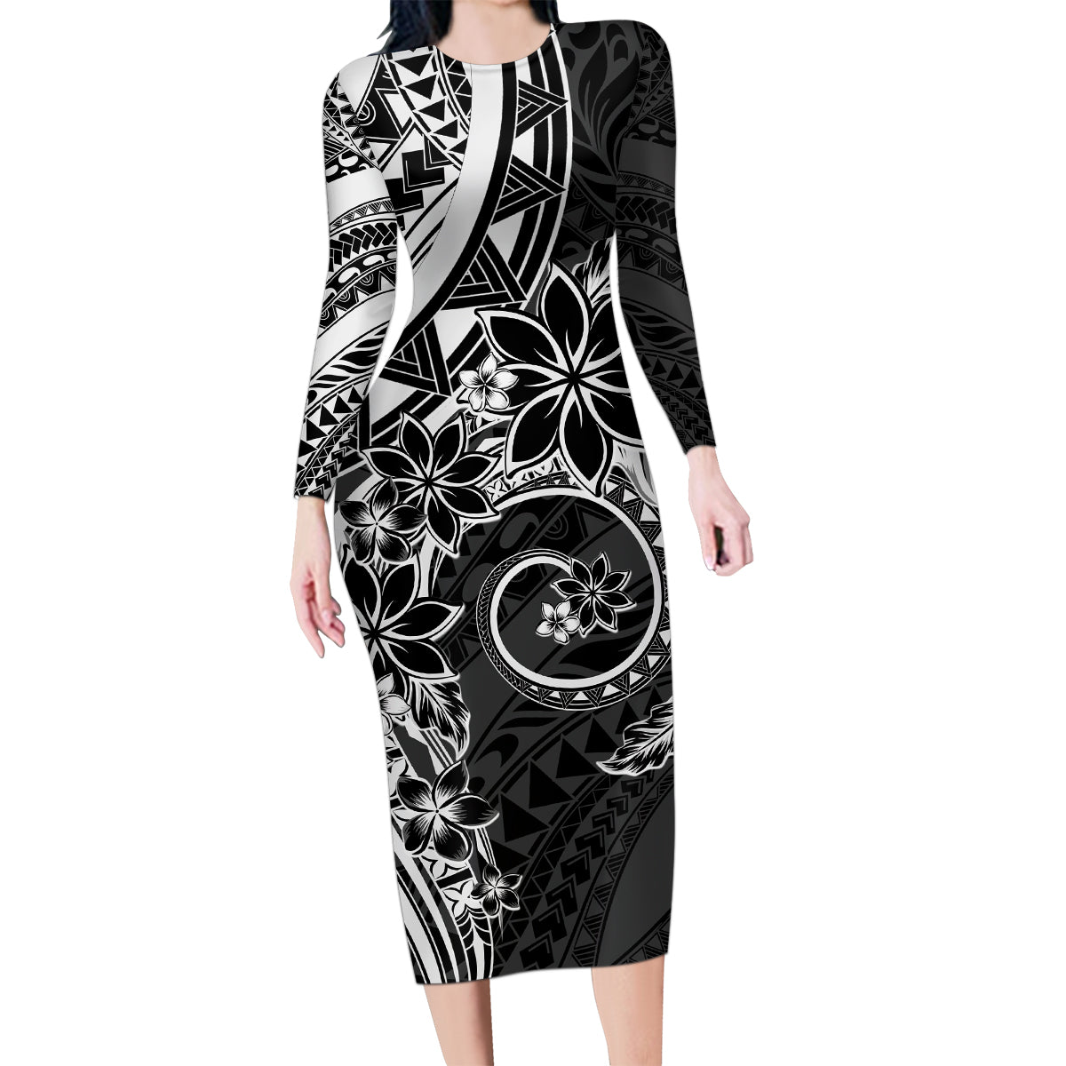 Polynesian Pattern With Plumeria Flowers Family Matching Long Sleeve Bodycon Dress and Hawaiian Shirt Black LT05 Mom's Dress Black - Polynesian Pride