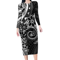 Polynesian Pattern With Plumeria Flowers Family Matching Long Sleeve Bodycon Dress and Hawaiian Shirt Black LT05 Mom's Dress Black - Polynesian Pride