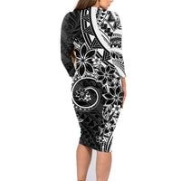 Polynesian Pattern With Plumeria Flowers Family Matching Long Sleeve Bodycon Dress and Hawaiian Shirt Black LT05 - Polynesian Pride
