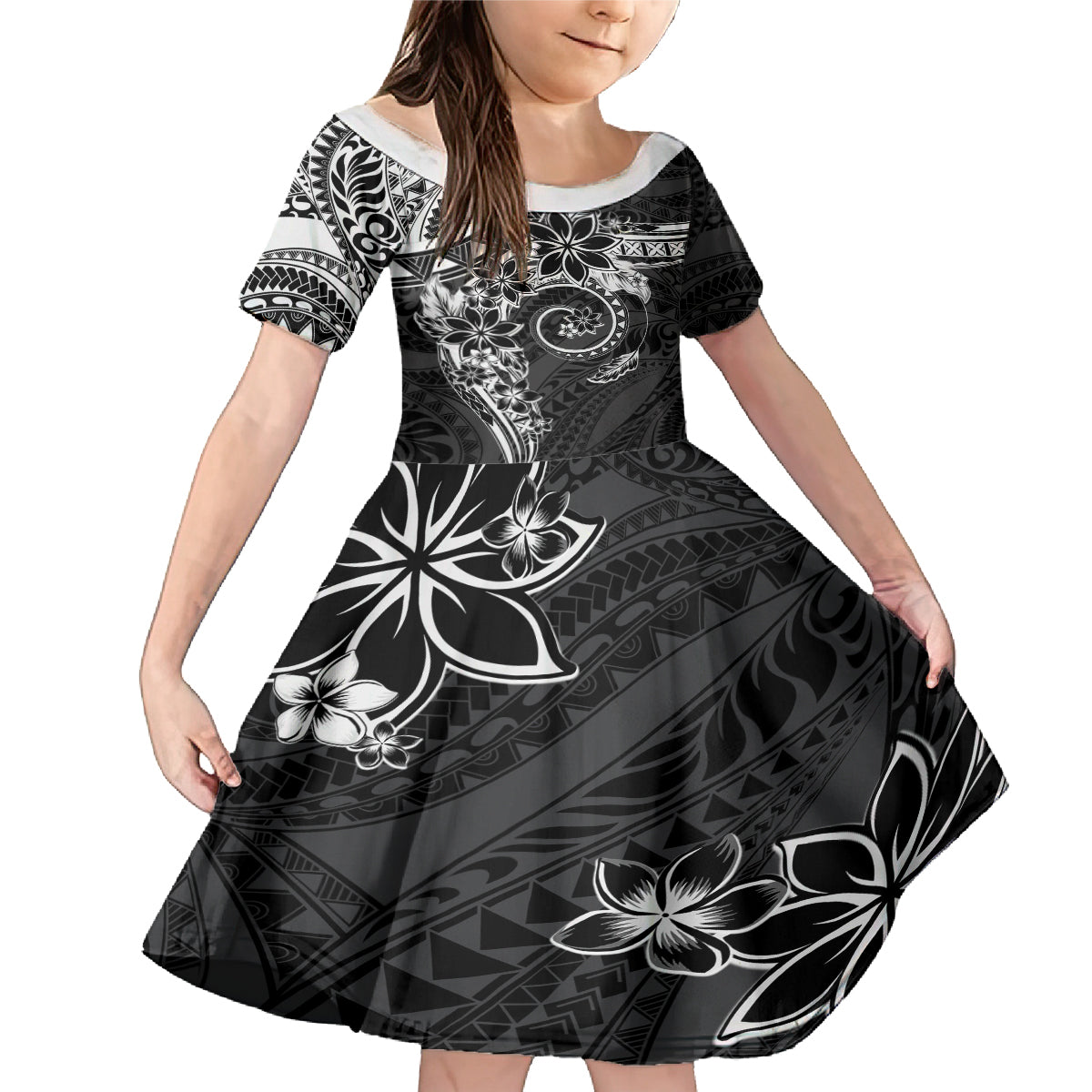 Polynesian Pattern With Plumeria Flowers Family Matching Mermaid Dress and Hawaiian Shirt Black LT05 Daughter's Dress Black - Polynesian Pride