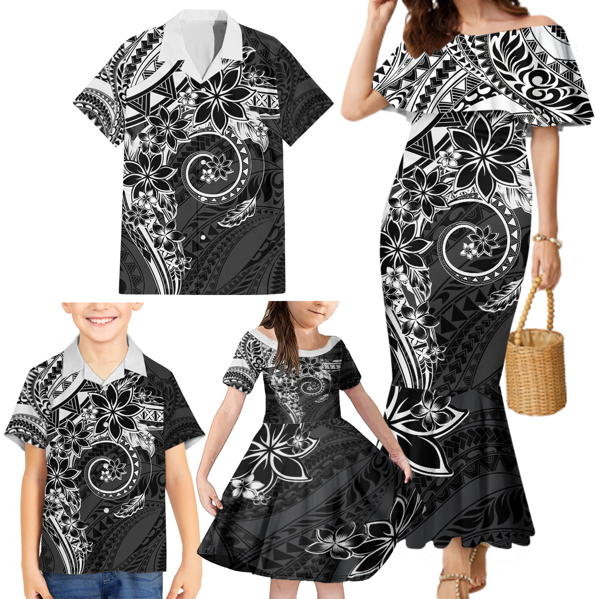 Polynesian Pattern With Plumeria Flowers Family Matching Mermaid Dress and Hawaiian Shirt Black LT05 - Polynesian Pride