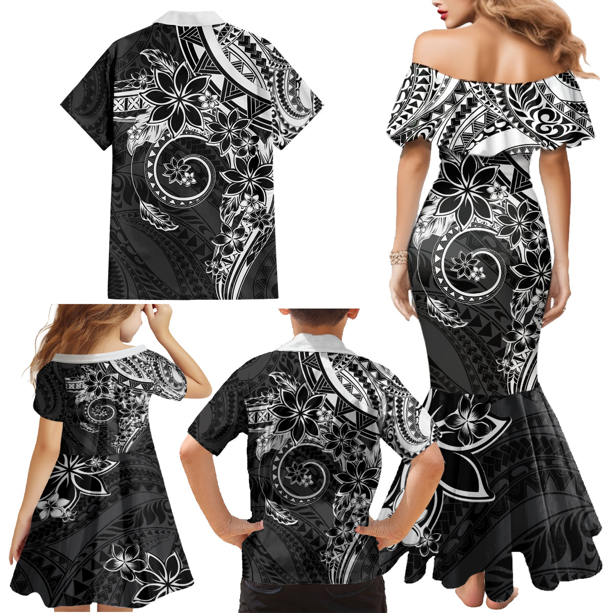 Polynesian Pattern With Plumeria Flowers Family Matching Mermaid Dress and Hawaiian Shirt Black LT05 - Polynesian Pride