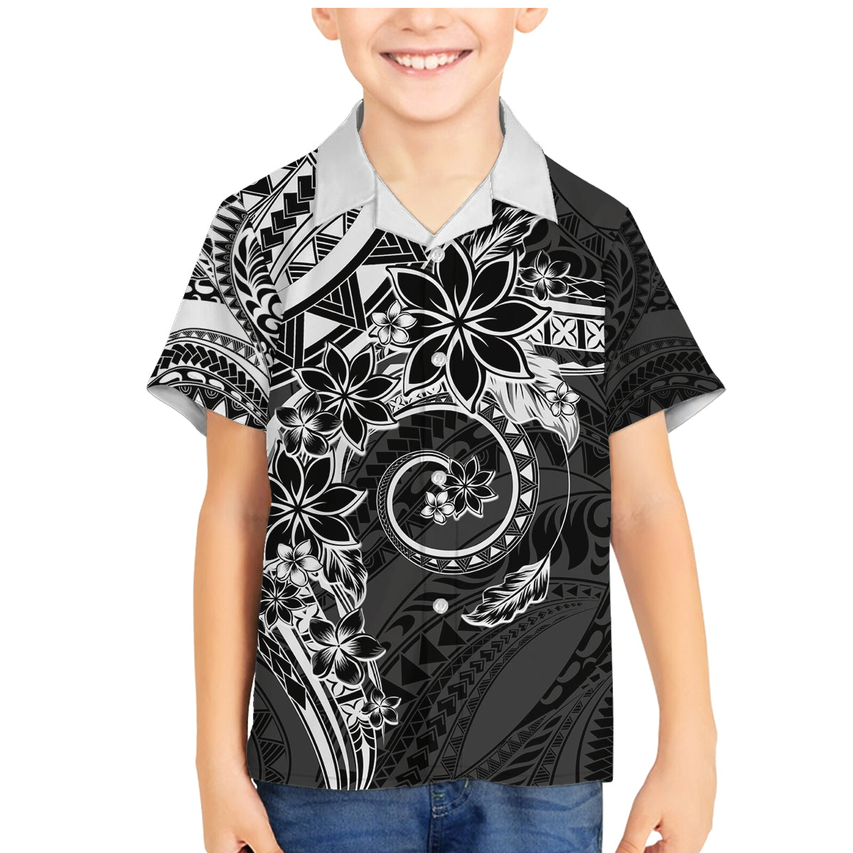 Polynesian Pattern With Plumeria Flowers Family Matching Mermaid Dress and Hawaiian Shirt Black LT05 Son's Shirt Black - Polynesian Pride
