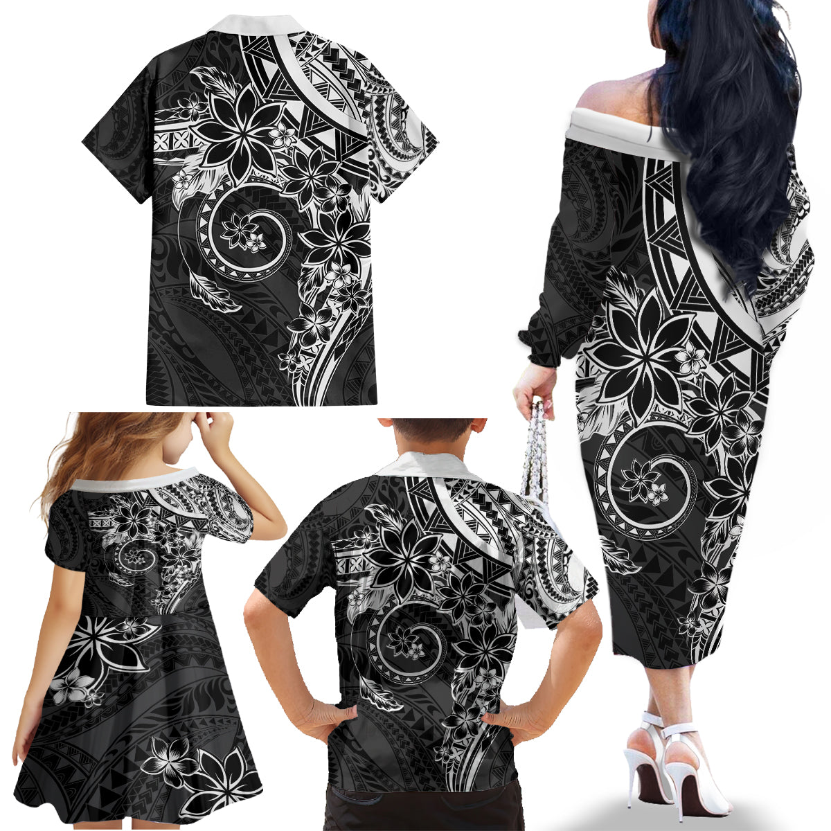 Polynesian Pattern With Plumeria Flowers Family Matching Off The Shoulder Long Sleeve Dress and Hawaiian Shirt Black LT05 - Polynesian Pride