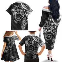 Polynesian Pattern With Plumeria Flowers Family Matching Off The Shoulder Long Sleeve Dress and Hawaiian Shirt Black LT05 - Polynesian Pride