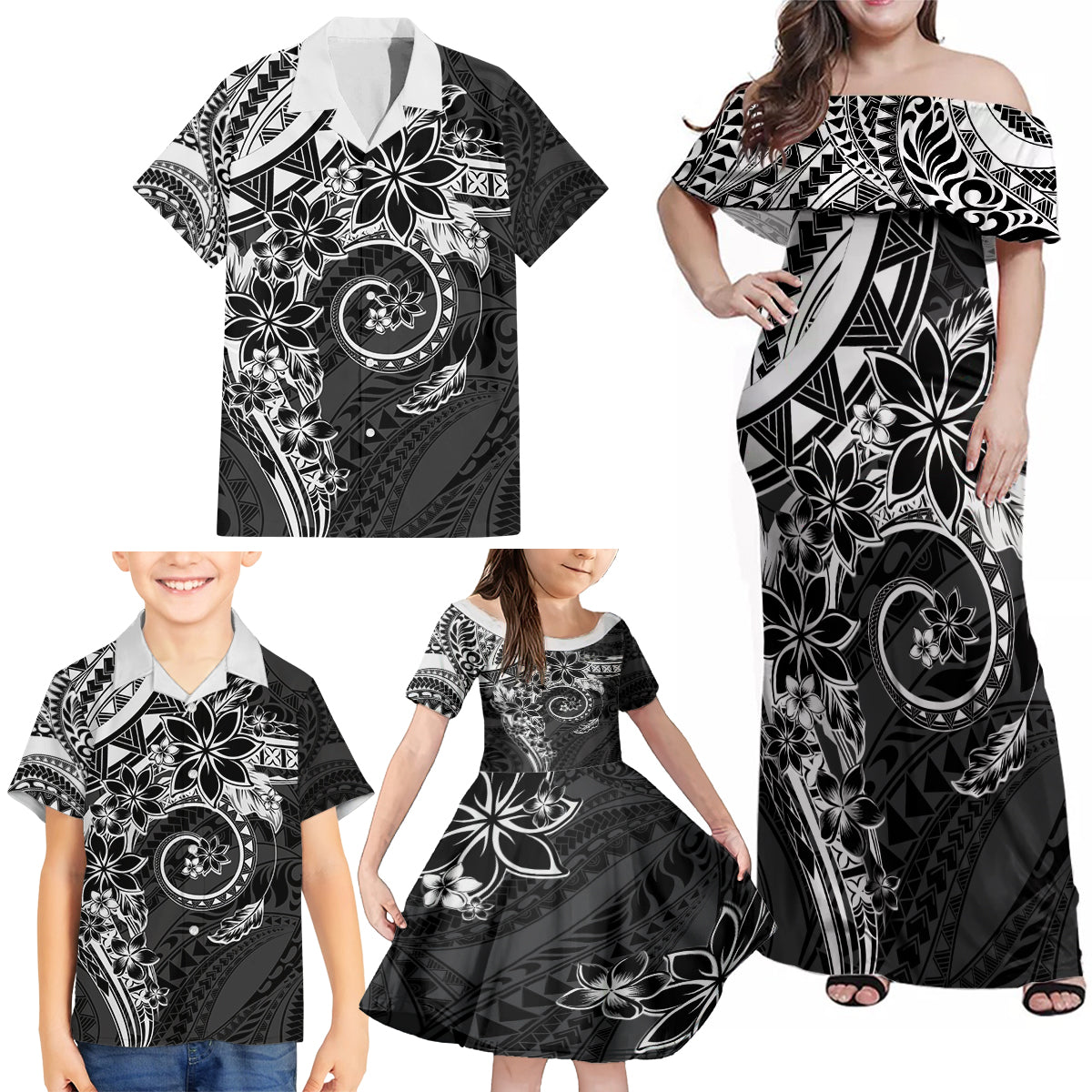 Polynesian Pattern With Plumeria Flowers Family Matching Off Shoulder Maxi Dress and Hawaiian Shirt Black LT05 - Polynesian Pride