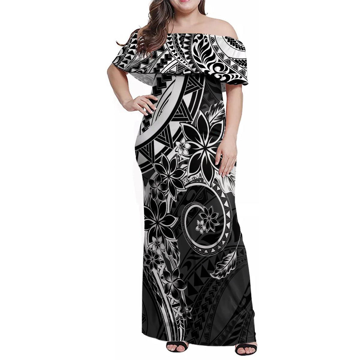 Polynesian Pattern With Plumeria Flowers Family Matching Off Shoulder Maxi Dress and Hawaiian Shirt Black LT05 Mom's Dress Black - Polynesian Pride