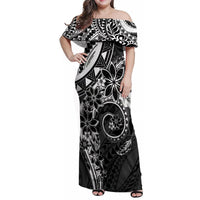 Polynesian Pattern With Plumeria Flowers Family Matching Off Shoulder Maxi Dress and Hawaiian Shirt Black LT05 Mom's Dress Black - Polynesian Pride