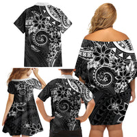 Polynesian Pattern With Plumeria Flowers Family Matching Off Shoulder Short Dress and Hawaiian Shirt Black LT05 - Polynesian Pride