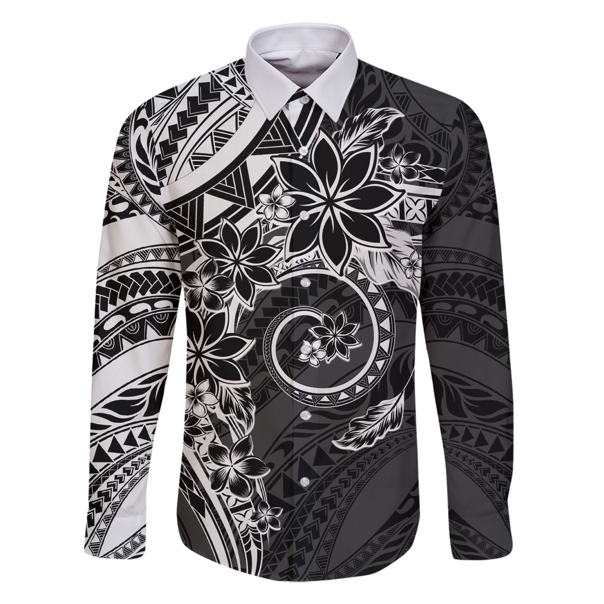 Polynesian Pattern With Plumeria Flowers Family Matching Off Shoulder Short Dress and Hawaiian Shirt Black LT05 Dad's Shirt - Long Sleeve Black - Polynesian Pride