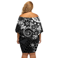 Polynesian Pattern With Plumeria Flowers Family Matching Off Shoulder Short Dress and Hawaiian Shirt Black LT05 - Polynesian Pride