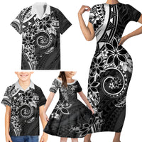 Polynesian Pattern With Plumeria Flowers Family Matching Short Sleeve Bodycon Dress and Hawaiian Shirt Black LT05 - Polynesian Pride