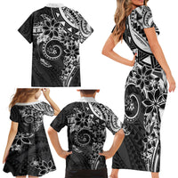 Polynesian Pattern With Plumeria Flowers Family Matching Short Sleeve Bodycon Dress and Hawaiian Shirt Black LT05 - Polynesian Pride