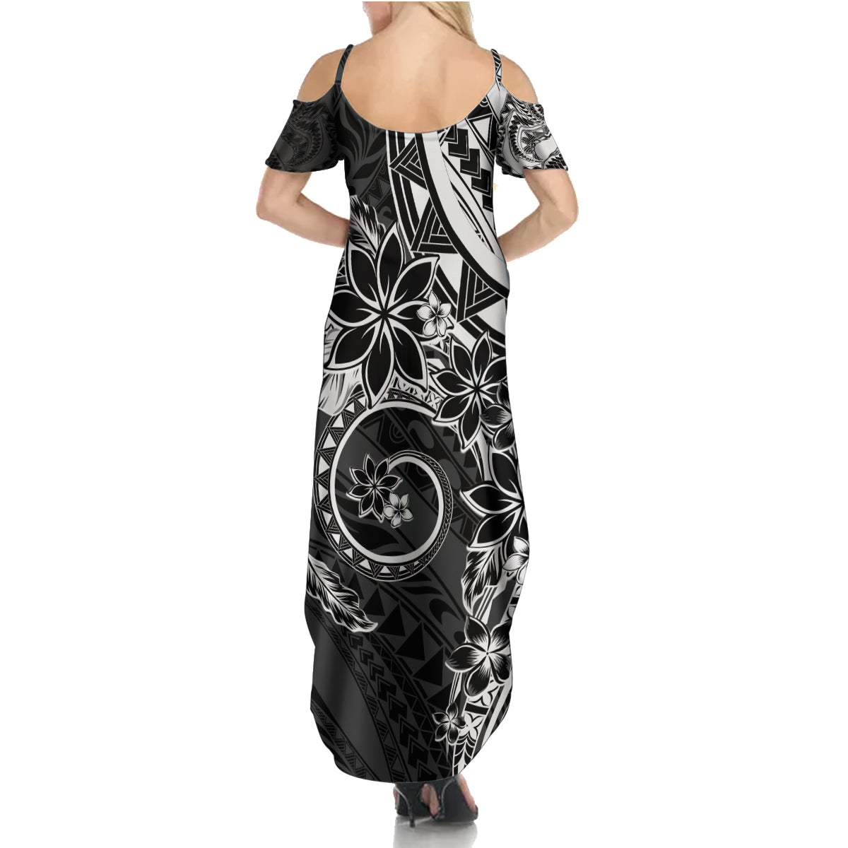 Polynesian Pattern With Plumeria Flowers Family Matching Summer Maxi Dress and Hawaiian Shirt Black LT05 - Polynesian Pride