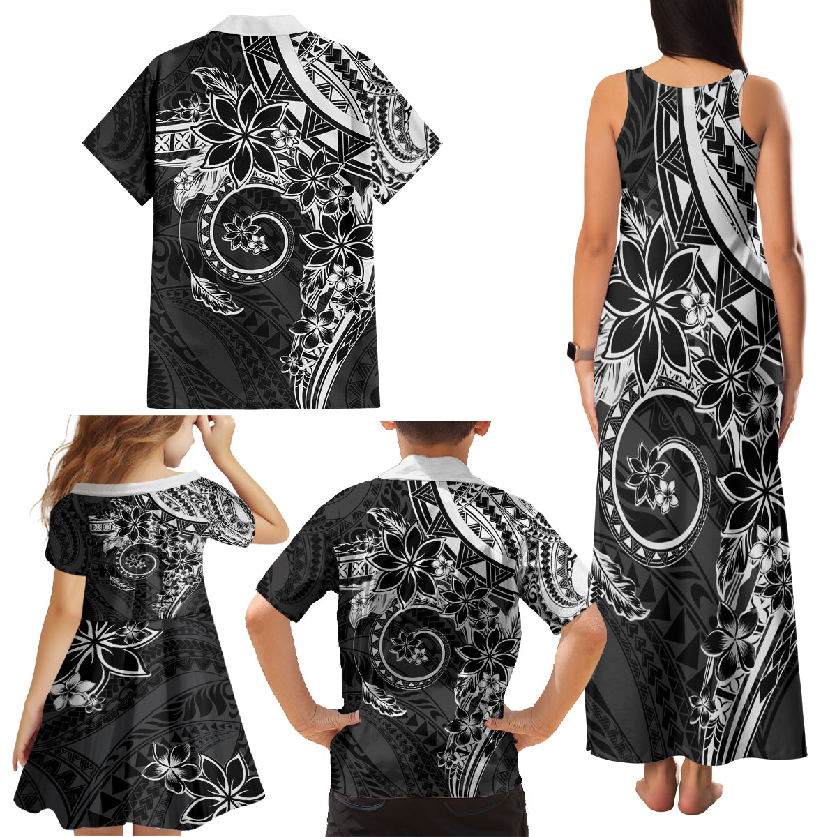 Polynesian Pattern With Plumeria Flowers Family Matching Tank Maxi Dress and Hawaiian Shirt Black LT05 - Polynesian Pride