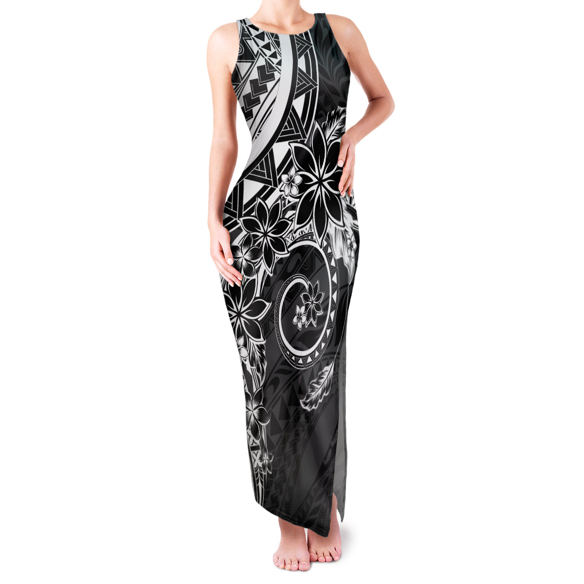Polynesian Pattern With Plumeria Flowers Family Matching Tank Maxi Dress and Hawaiian Shirt Black LT05 Mom's Dress Black - Polynesian Pride