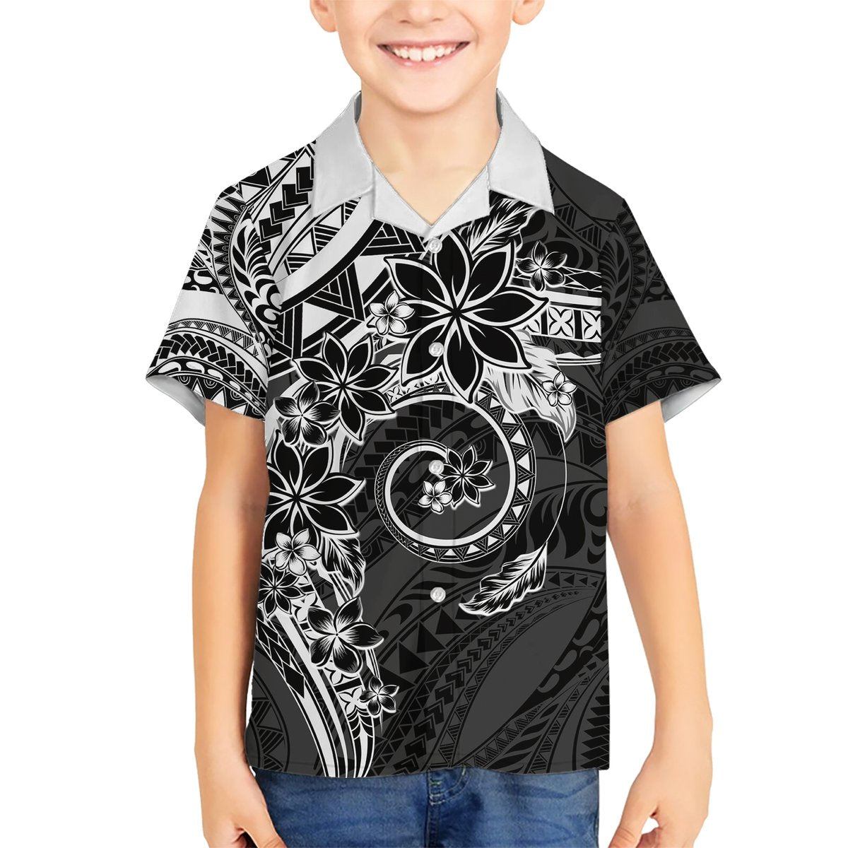 Polynesian Pattern With Plumeria Flowers Hawaiian Shirt Black