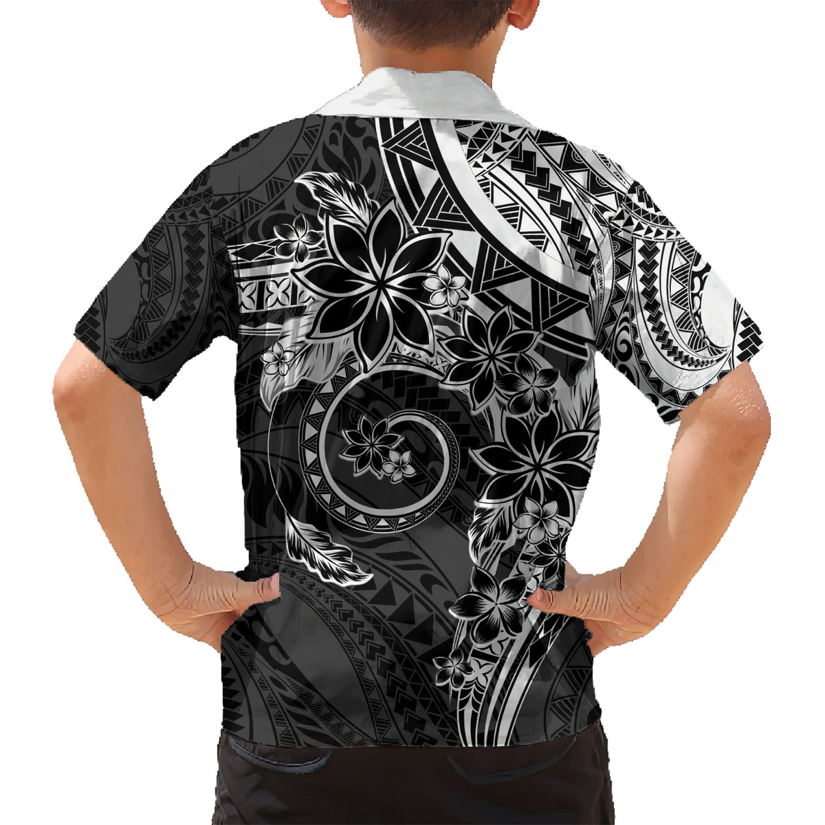 Polynesian Pattern With Plumeria Flowers Kid Hawaiian Shirt Black