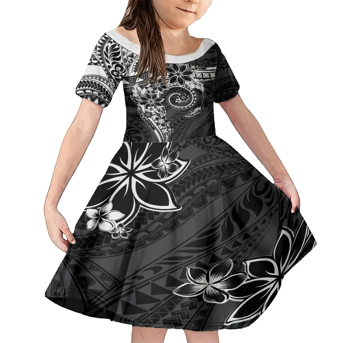 Polynesian Pattern With Plumeria Flowers Kid Short Sleeve Dress Black LT05 KID Black - Polynesian Pride