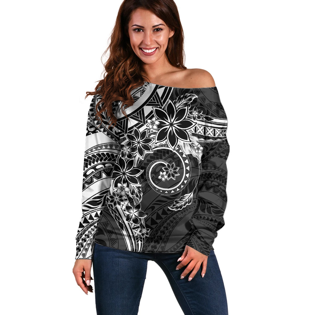 Polynesian Pattern With Plumeria Flowers Off Shoulder Sweater Black LT05 Women Black - Polynesian Pride