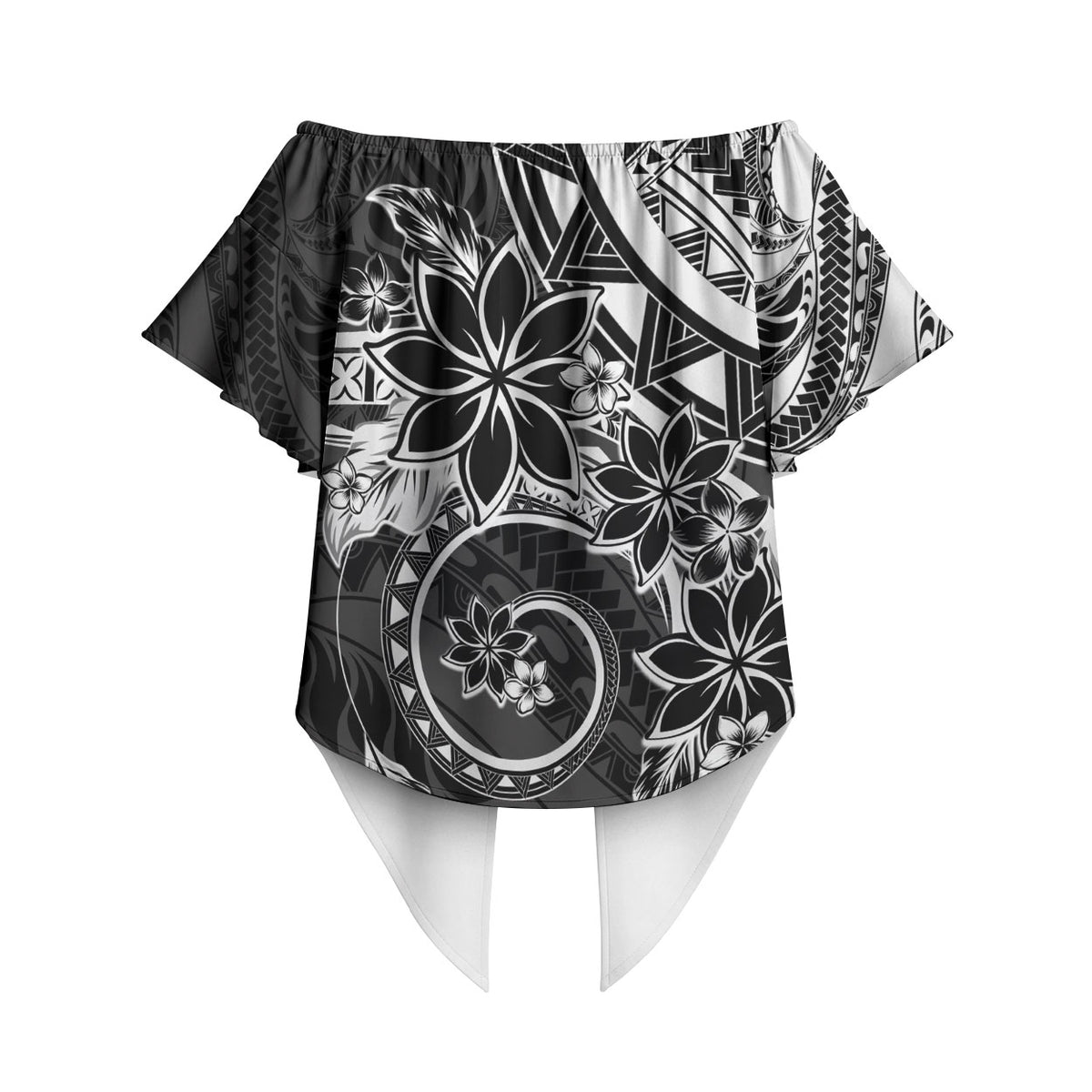 Polynesian Pattern With Plumeria Flowers Off Shoulder Wrap Waist Top Black LT05 - Polynesian Pride