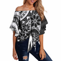 Polynesian Pattern With Plumeria Flowers Off Shoulder Wrap Waist Top Black LT05 - Polynesian Pride