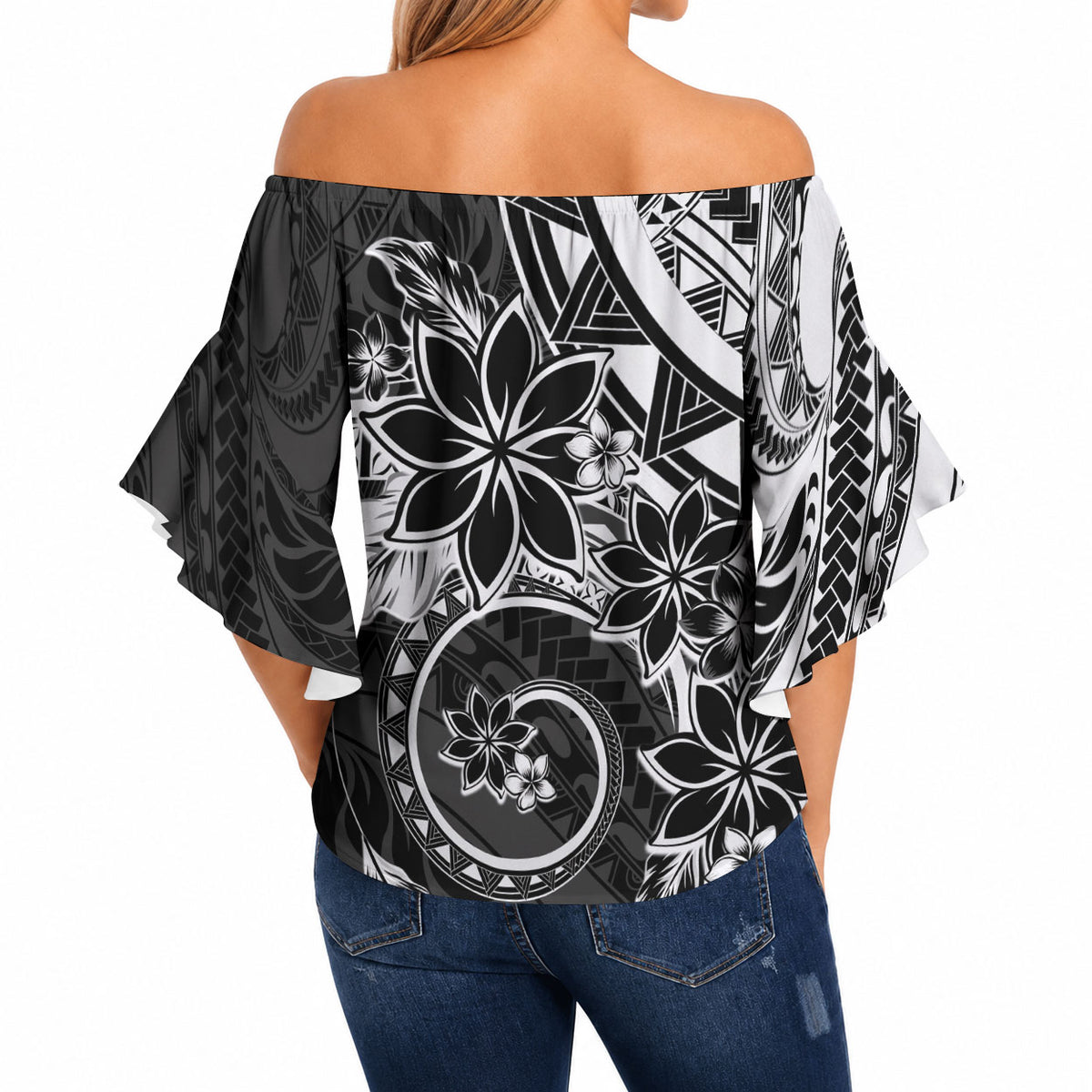 Polynesian Pattern With Plumeria Flowers Off Shoulder Wrap Waist Top Black LT05 - Polynesian Pride