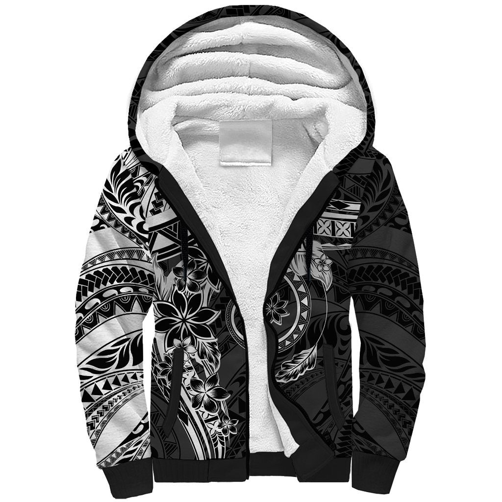 Polynesian Pattern With Plumeria Flowers Sherpa Hoodie Black LT05 Unisex Black - Polynesian Pride