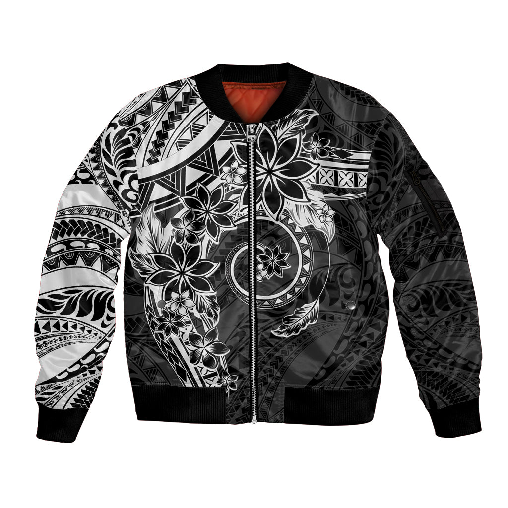 Polynesian Pattern With Plumeria Flowers Sleeve Zip Bomber Jacket Black LT05 Unisex Black - Polynesian Pride