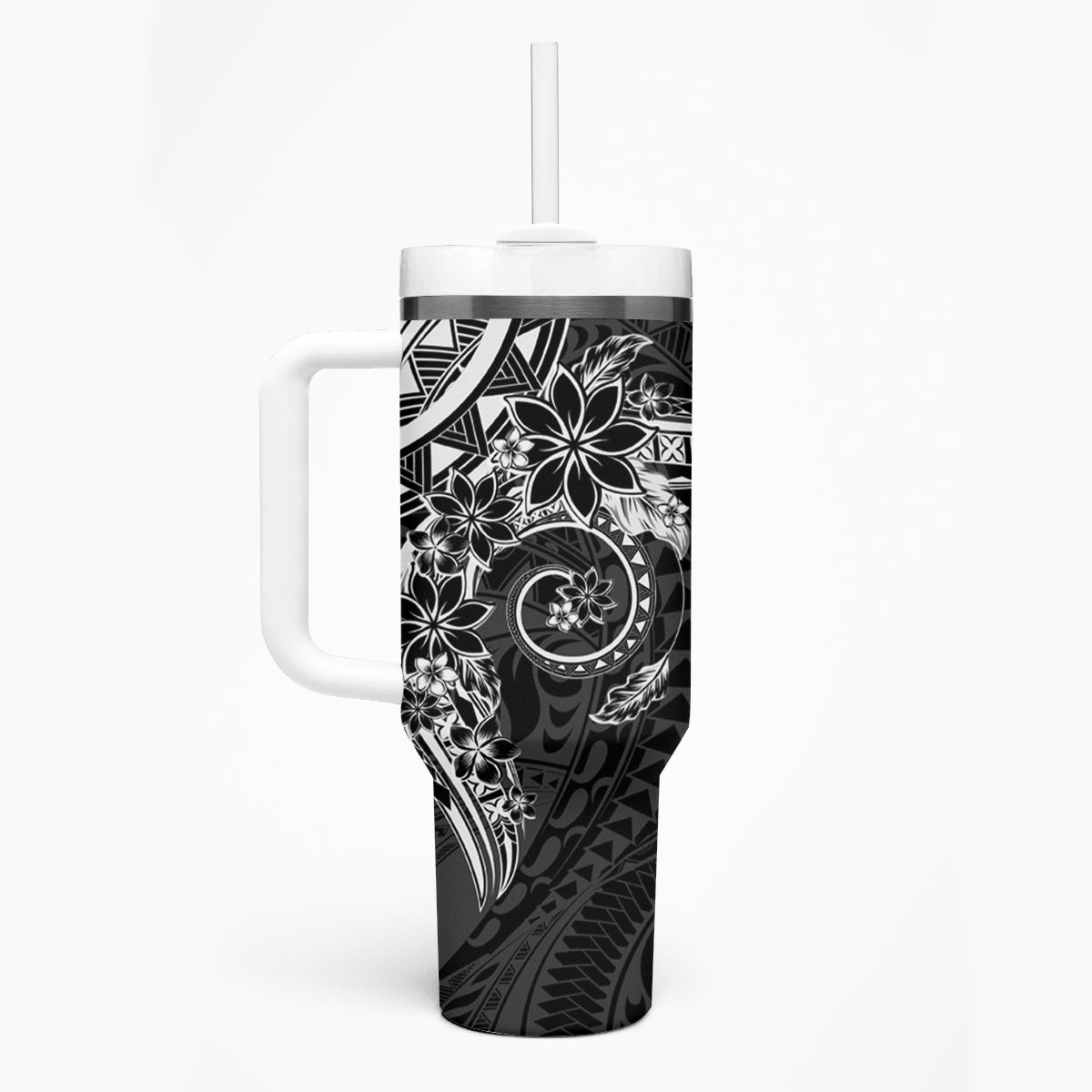 Black Polynesian Pattern With Plumeria Flowers Tumbler With Handle