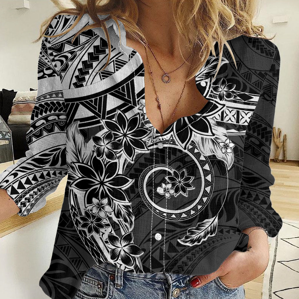 Polynesian Pattern With Plumeria Flowers Women Casual Shirt Black LT05 Female Black - Polynesian Pride